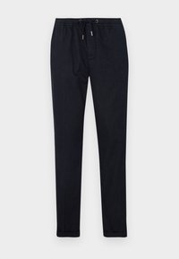 Pantalons de jogging bleu marine foncé avec une taille élastique, cordon de serrage, jambes fuselées et une texture lisse. Comprend des poches latérales et des coutures discrètes.