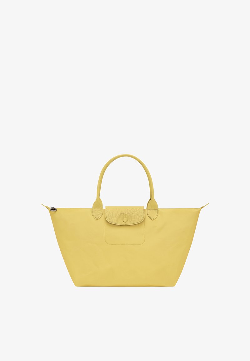 Yellow tote bag with two short handles, a front flap pocket with button closure, and a zipper across the top.