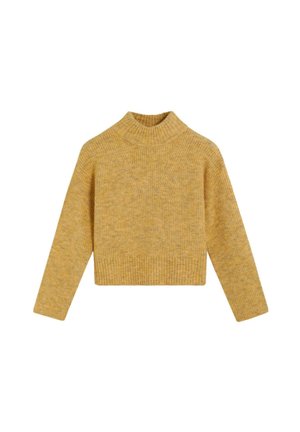 Suéter de punto acanalado amarillo con cuello alto, mangas largas y dobladillo corto. Hecho de una textura suave, presenta un patrón sutil.