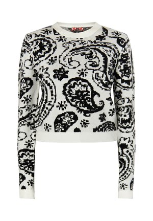 Sweater med paisley-mønster i sort og hvid, lavet af strikket stof, har en rund halsudskæring og lange ærmer med ribbede manchetter og kant.