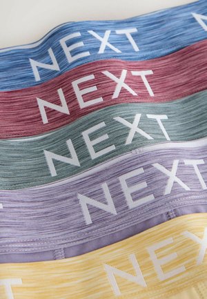 Set van vijf stoffen banden in verschillende kleuren: blauw, rood, groen, paars en geel. Elke band heeft witte "NEXT" tekst met een gestructureerd uiterlijk.