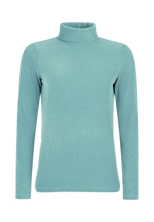 Zelený rolák, žebrovaná textura, dlouhé rukávy, přiléhavý střih, měkká látka, vysoký límec a rovný lem.