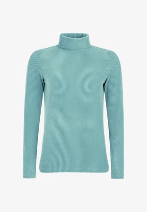 Turtleneck sweater i teal, ribbet tekstur, lange ærmer, tætsiddende design, blødt stof, med høj krave og lige kant.