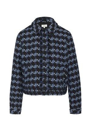 Krótkia kurtka w czarno-niebieski wzór w kratę houndstooth. Posiada kołnierz i zapięcie na guziki, a także teksturowany materiał i postrzępione krawędzie.