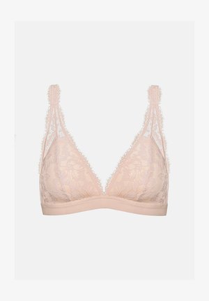 Kanten bralette in lichtroze met een zachte onderband, driehoekige cups en gegolfde randen. Doorzichtige kant overlay met bloempatronen.