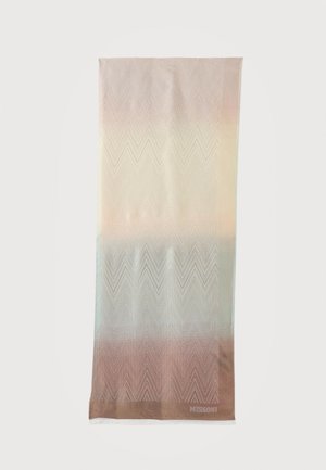 Long rectangular scarf with gradient colors from beige to brown, featuring a subtle chevron pattern and "MISSONI" text near the edge.