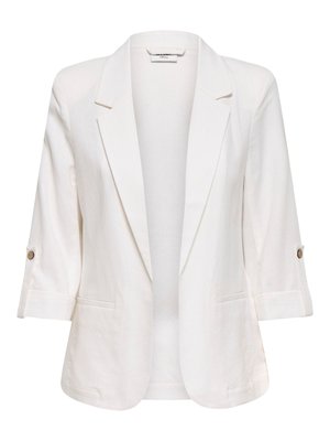 Blazer blanc avec col à revers, manches trois-quarts remontées et boutonnées, et deux poches passepoilées à l’avant.