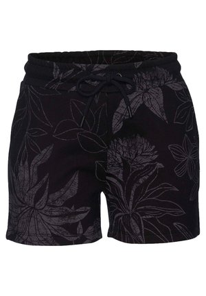 Schwarze Shorts mit einem dezenten floralen Muster in Dunkelgrau. Elastischer Bund mit Kordelzug für eine verstellbare Passform. Weicher Baumwoll-Mix-Stoff.