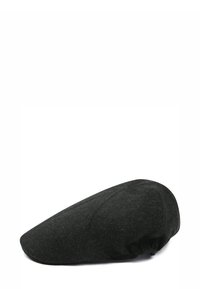 Black tweed flat cap with a rounded crown and stitched panels, shown from the side on a white background.