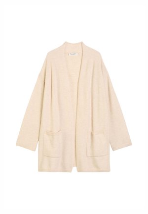 Beige vest gemaakt van zachte stof, met een ontspannen pasvorm, open voorkant en twee voorzakken. Lange mouwen met minimale textuur.
