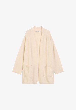 Beige cardigan made of soft fabric, featuring a relaxed fit, open front, and two front pockets. Long sleeves with minimal texture.