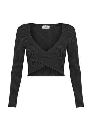 Haut court côtelé noir avec manches longues et décolleté en V plongeant. Le tissu présente un motif texturé, avec un design enroulé à l'avant.