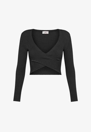 Cămașă scurtă neagră cu mâneci lungi și decolteu adânc în V. Țesătura are un model texturat, având un design înfășurat în față.