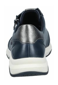 Navy blue leather sneaker with a metallic silver heel accent, featuring a textured upper, padded collar, and a white rubber sole.