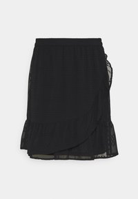 Jupe noire avec un design à plusieurs couches et un ourlet volants. Fabriquée en tissu léger avec des motifs texturés et à pois. Taille ajustable.