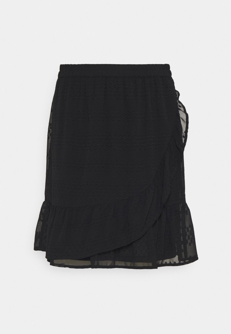 Jupe noire avec un design à plusieurs couches et un ourlet volants. Fabriquée en tissu léger avec des motifs texturés et à pois. Taille ajustable.