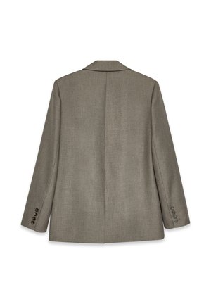 Vue arrière d'un blazer ajusté, gris clair, avec des revers crantés, deux boutons sur chaque poignet et une finition en tissu texturé.