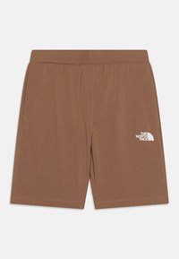 Shorts marron légers en tissu lisse. Comprend une taille élastique, deux poches latérales et un logo blanc en bas à gauche.