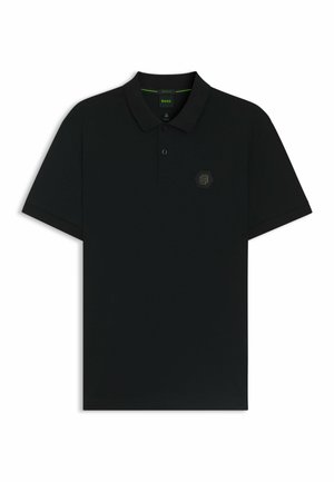 Black polo shirt made of smooth fabric, featuring a collar, button placket, and a logo patch in dark grey on the left chest.