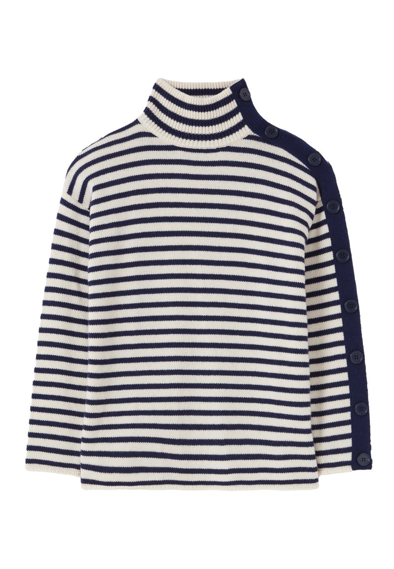 Navyblau- und weiß gestreifter Rollkragenpullover mit Knopfdetails an der linken Schulter und dem Ärmel.