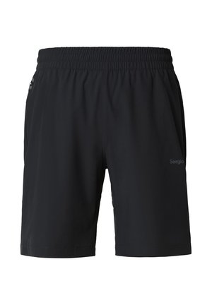 Zwarte shorts met elastische taille, zijzakken en een subtiele logo-opdruk op het linkerbeen, ontworpen voor casual of sportief gebruik.
