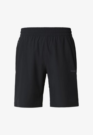Shorts à taille élastique noire avec poches latérales et un logo discret sur la jambe gauche, conçus pour un usage décontracté ou sportif.