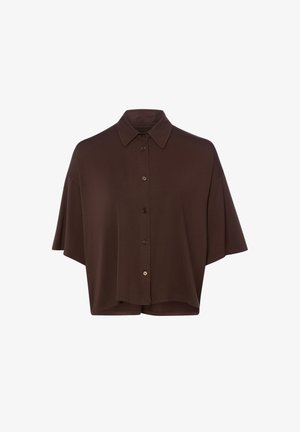 Donkerbruine, korte mouwen, knoopsluiting overhemd met een klassieke kraag en een iets losse pasvorm.