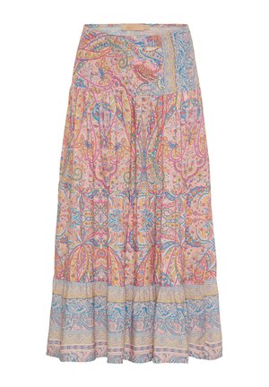 Maxi nederdel i let materiale med et livligt flerfarvet paisley mønster med blå og pink accenter samt en lagdelt kantdesign.