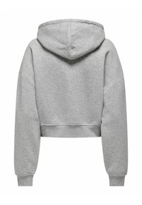 Sweat à capuche cropped gris clair avec de longues manches, des poignets et un ourlet côtelés, vu de dos, montrant une coupe décontractée et une capuche attachée.