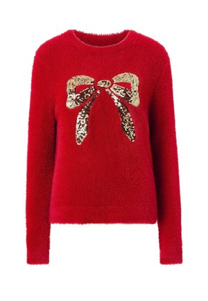 Rode zachte trui met lange mouwen, voorzien van een gouden strikpatroon van pailletten aan de voorkant. Zachte textuur, ronde hals en een losse pasvorm.