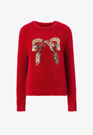 Rode zachte trui met lange mouwen, voorzien van een gouden strikpatroon van pailletten aan de voorkant. Zachte textuur, ronde hals en een losse pasvorm.