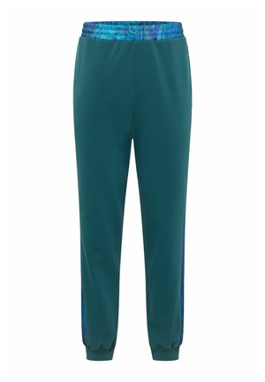 Turquoise joggingbroek met een elastische tailleband en een blauw patroonaccent aan de zijkanten. Gemaakt van zachte, rekbare stof met aansluitende boorden.