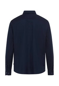 Marineblauwe langwerpige shirt met een klassieke kraag, gemaakt van geweven stof. Bevat knoopmanchetten en een gladde textuur.
