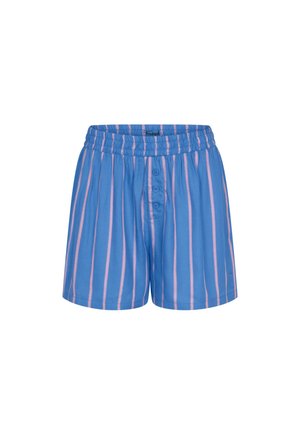 Pantaloni scurți largi albaștri cu dungi verticale roz, talie elastică și trei nasturi pe partea din față.