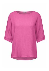 Top rosa a maniche corte con un design texturizzato e sgualcito, colletto rotondo e vestibilità morbida. Tessuto liscio con un leggero riflesso.