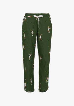 Ciemnozielone spodnie ze sznurkiem w białym kolorze oraz ilustracjami tenisistów w różnych pozach, trzymających rakiety i żółte piłki do tenisa.