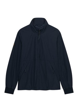 Veste légère bleu marine avec col montant, fermeture éclair frontale, poignets élastiques et poches latérales zippées, étendue à plat.