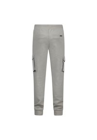 Graue Cargo-Hosen mit elastischem Bund, gerippten Säumen und zwei Seitentaschen. Glattes Material mit subtiler glänzender Oberfläche, minimalistisches Design.