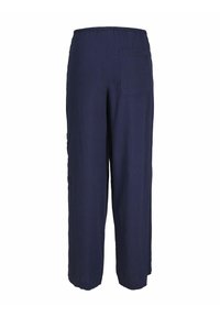 Navyblauwe linnen broek met een relaxed fit, elastische tailleband, zijzakken en een enkele achterzak. Strakke textuur en recht gesneden pijpen.