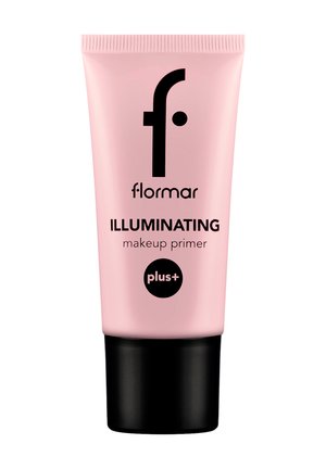Pink tube of Flormar Illuminating makeup primer with black cap and black text, including logo and "plus+" in a black circle.