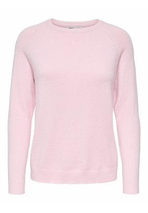 Maglione a maniche lunghe color rosa chiaro con scollo rotondo, polsini e orlo a coste, mostrato su sfondo bianco.