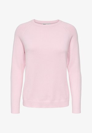 Pull à manches longues rose clair avec col rond, poignets et ourlet côtelés, présenté sur fond blanc.