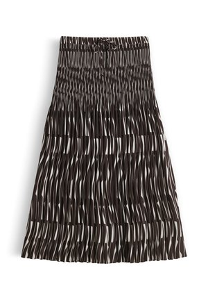 Zwart-witte geplooide midirok met abstract verticaal streeppatroon en elastische tailleband met een kleine strik aan de voorkant.