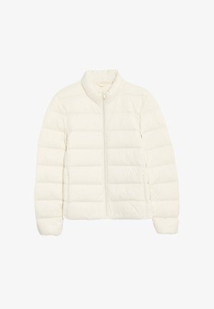 Kurtka puchowa w kolorze ecru, pikowana, z długimi rękawami, wysokim kołnierzem i zapięciem na zamek błyskawiczny z przodu.
