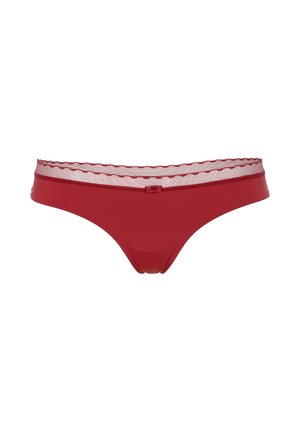Mutandine da donna stile bikini rosse con un elastico trasparente a righe e un piccolo fiocco al centro davanti.