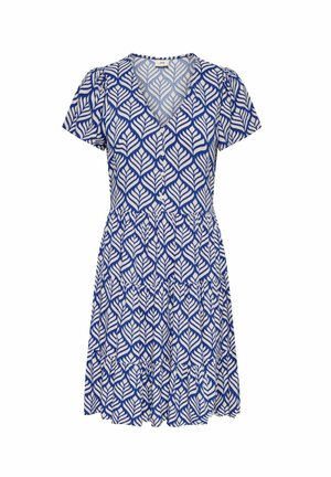 Vestido corto azul y blanco con patrón de hojas, escote en V, mangas cortas, botones en la parte delantera y falda de volantes.