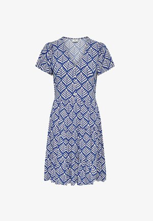 Krótka niebiesko-biała sukienka z wzorem liści, dekoltem w serek, krótkimi rękawami, guzikami z przodu i falbanistą spódnicą.