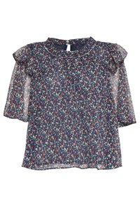 Blouse florale bleue avec manches courtes à volants, tissu transparent et bordure blanche autour de l'encolure. Présente des motifs floraux multicolores.