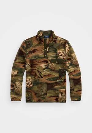 Sudadera de forro polar en tonos terrosos de verde y marrón, con un estampado multicolor de naturaleza, medio cierre de cremallera y un bolsillo en el pecho.