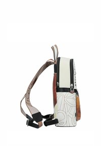 Sac à épaule multicolore avec un dessus zippé, en matériaux synthétiques, motifs décoratifs, et une sangle réglable avec un design de logo.